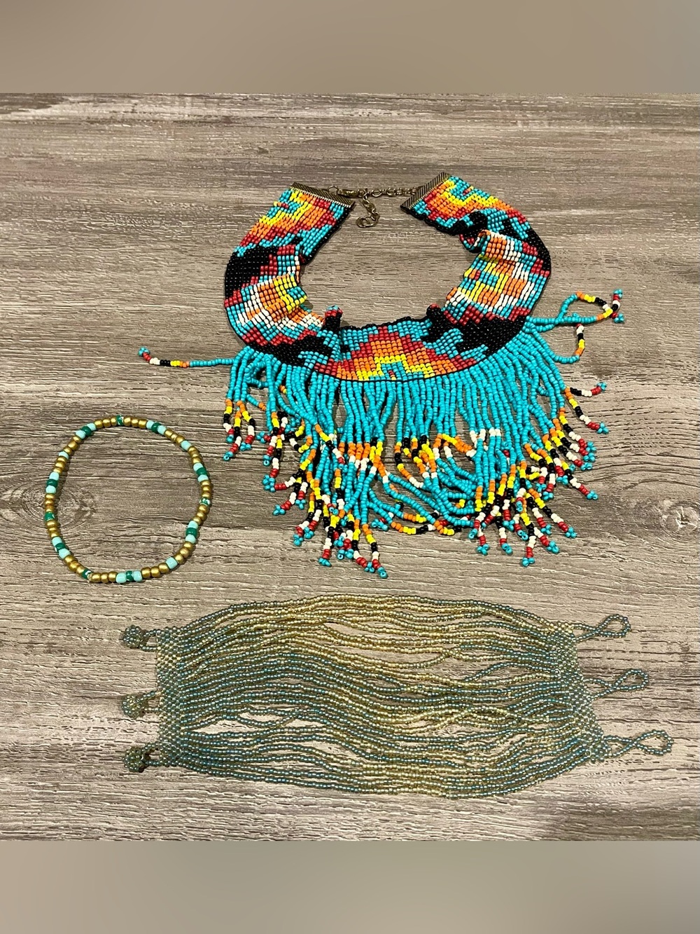 Authentic Handmade Turquoise Multicolor Beaded Fringe Necklace and Bracelet Set